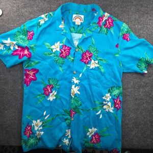Paradise Found Hawaii Mens Large Blue Floral Rayon Aloha Camp Shirt Tropical L